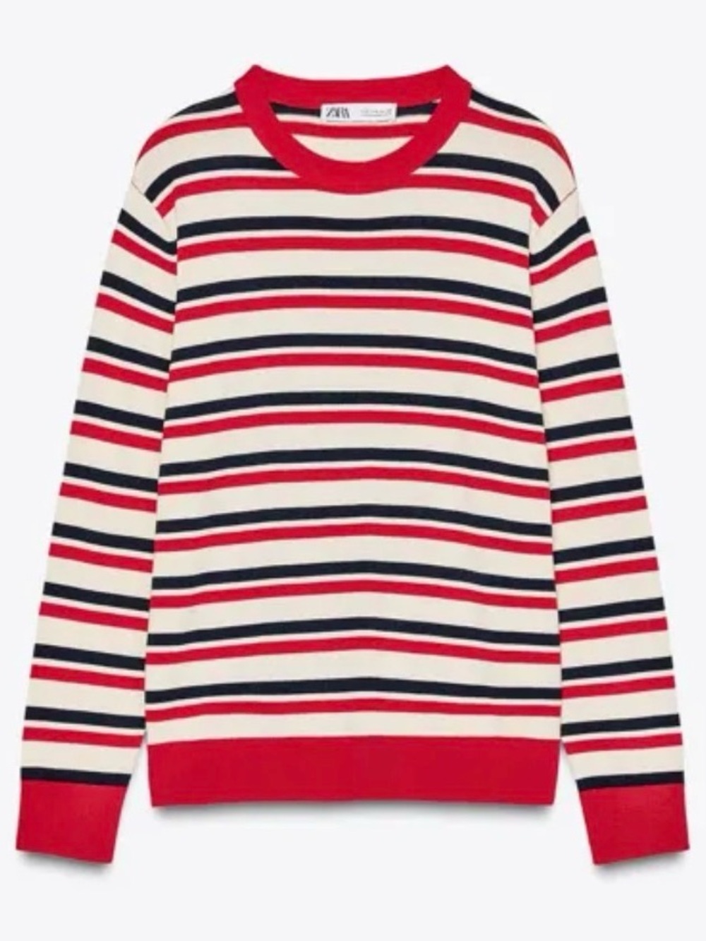 Zara Cream, Red & Navy Striped Crewneck Sweater S